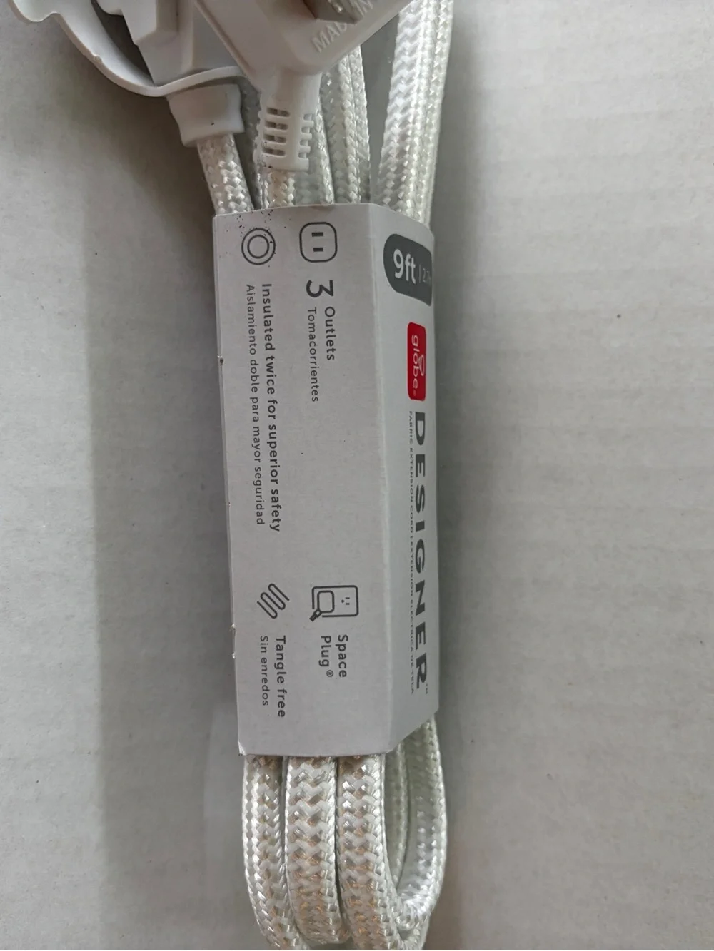 Globe Designer 9ft Braided Extension Cord | 3 Outlet Power Strip White NWT